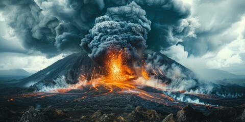 Volcanic eruption with lava flow and ash cloud - obrazy, fototapety, plakaty