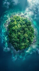 Small tropical island with dense vegetation surrounded by blue ocean waters