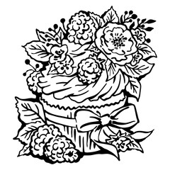 Sweet tasty dessert cupcake with cream and deco for morning breakfast in café or restaurant. Mini birthday cake for pleasure. Hand drawn colorful retro vintage illustration. Old style drawing.