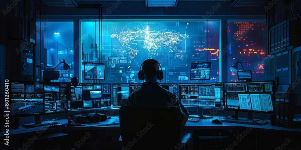 Aufkleber a hacker in a dark room surrounded by computers and screens
