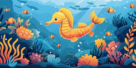 Undersea world with cute seahorse and tropical fish - obrazy, fototapety, plakaty