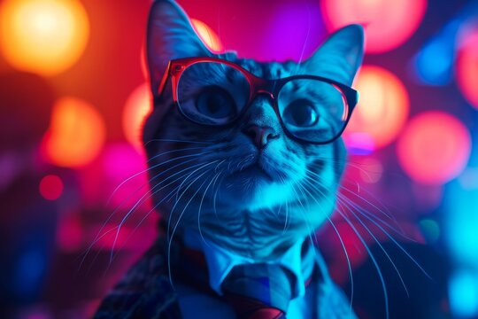 Cute cat DJ in neon colors with glasses and a suit in a nightclub at a party against blurred neon background