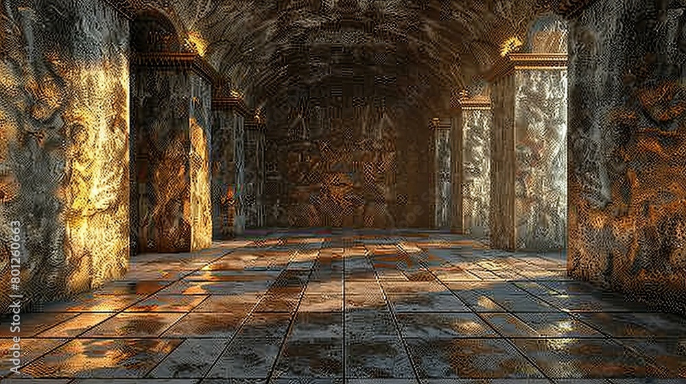 Poster mystical temple with glowing columns and shiny floor tiles