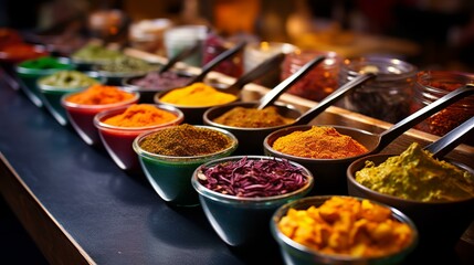 Colorful spices in bowls at a market