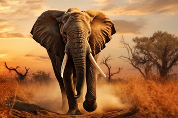 Fototapeta na wymiar African elephant running in the savanna