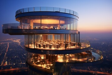 A Majestic Evening View of a Revolving Restaurant Atop a Skyscraper, Overlooking the Bustling City...