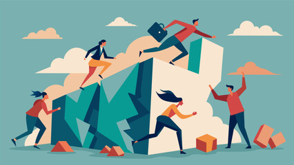 Breaking Barriers An image of people breaking down walls both literal and figurative signifying the end of oppression and the start of a new era of. Vector illustration - obrazy, fototapety, plakaty