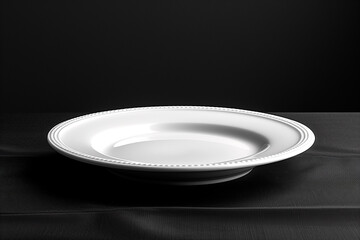 Minimalistic design of empty white plates on a dark table. View from above. A set of clean dishes. An aesthetic combination of white porcelain plates.