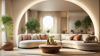 A large circular mirror reflects the warm light and serene environment making the space feel even more open and inviting.