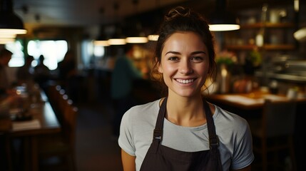 Portrait of a smiling young woman wearing an apron in a restaurant - Powered by Adobe