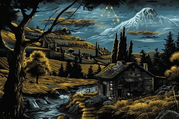 a digital painting of a rural landscape with a small cabin nestled in the valley