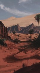 A vast desert landscape with towering red rock formations and a distant mountain range