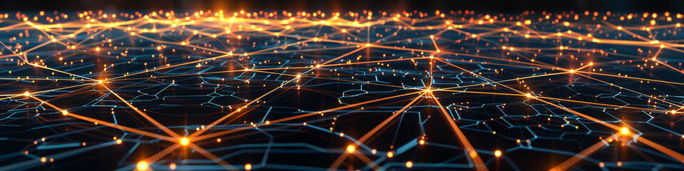 Naklejka premium Ultra-wide view of a matrix of glowing data nodes, interconnected by pulsating energy lines in a 4:1 panorama.
