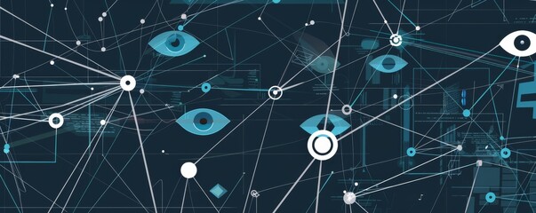 Abstract illustration of network surveillance with interconnected eyes and digital elements