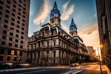 Obraz premium A Majestic Classic Courthouse Standing Tall Amidst a Bustling Cityscape, Illuminated by the Warm Glow of a Setting Sun