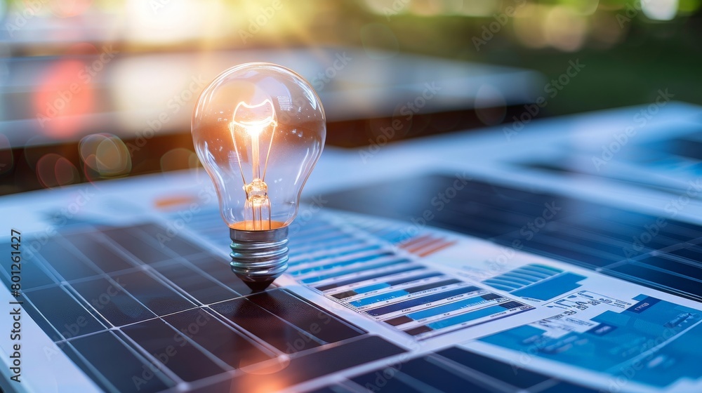 Wall mural a conceptual image of a lightbulb over a solar panel array, surrounded by financial documents and gr