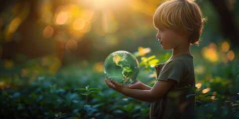 Little boy holding the Earth in his hands