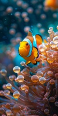A clownfish swims near a sea anemone