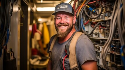 Portrait of a smiling electrician in a hard hat standing in front of an electrical panel - obrazy, fototapety, plakaty