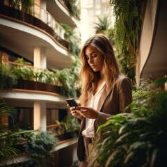 Businesswoman in a green office space using her phone
