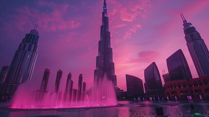 The image shows The Dubai Fountain with the Burj Khalifa in the background, both illuminated by a purple light. There are also other buildings in the background.