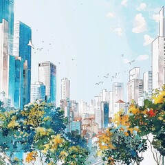 A beautiful watercolor painting of a cityscape