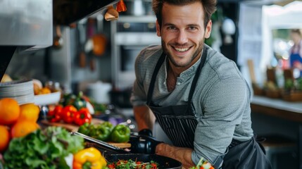 Happy male chef cooking in a commercial kitchen