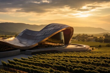 A Picturesque Vineyard Nestled in the Heart of a Valley, Featuring Modern Geometric Architecture...