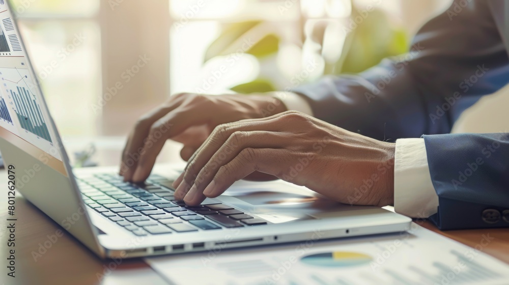 Aufkleber A businessman typing on a laptop keyboard with business charts displayed on the screen, multitasking in a dynamic business environment.