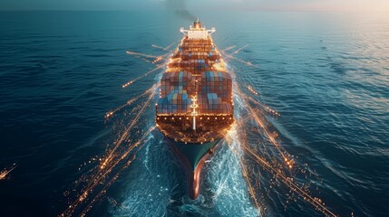 Futuristic depiction of a cargo ship enhanced with digital connectivity at sea, illustrating modern maritime technology