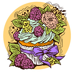 Sweet tasty dessert cupcake with cream and deco for morning breakfast in café or restaurant. Mini birthday cake for pleasure. Hand drawn colorful retro vintage illustration. Old style drawing.