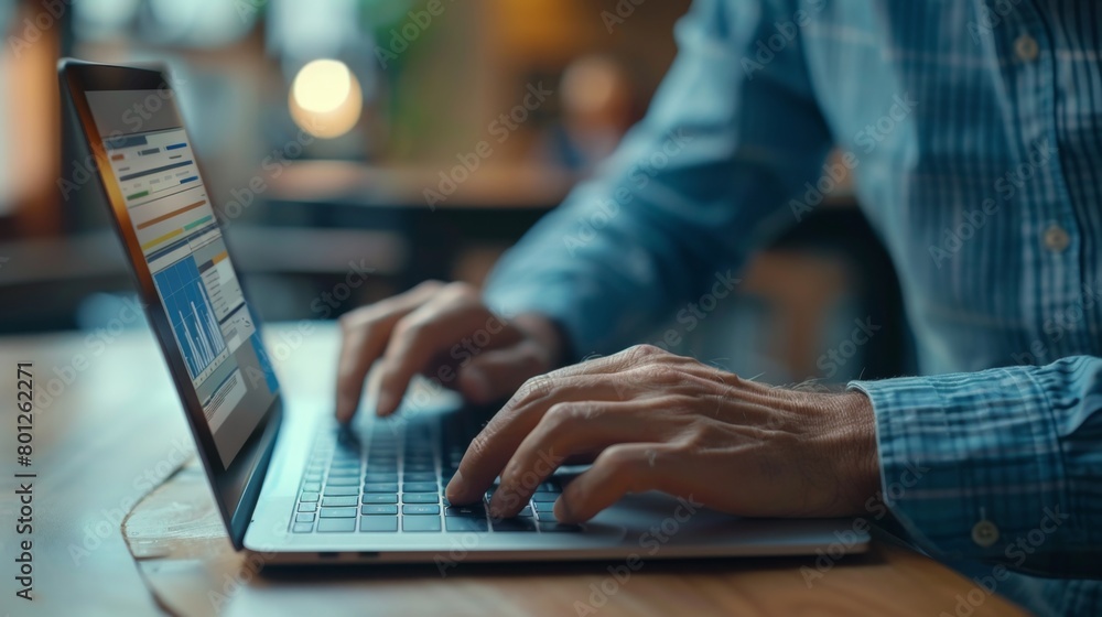 Aufkleber A businessman typing on a laptop keyboard with business charts displayed on the screen, multitasking in a dynamic business environment.