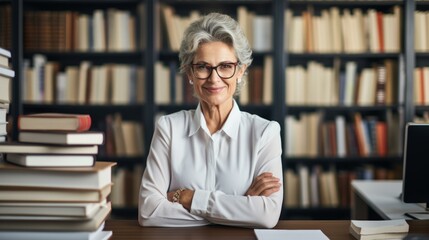 Portrait of a smiling senior female librarian in a library