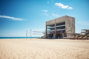 A Vibrant Beach Volleyball Arena Nestled on the Sandy Shores, Overlooking a Tranquil Ocean Under a...