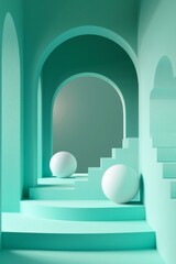 3D rendering of a green room with arches and a staircase