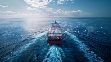 Futuristic depiction of a cargo ship enhanced with digital connectivity at sea, illustrating modern maritime technology