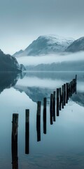 A wooden fence juts into a calm lake in front of a large snow-capped mountain. - obrazy, fototapety, plakaty