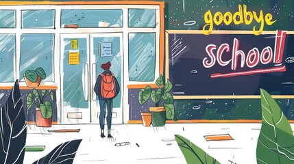Illustration on a school theme. School and schoolyard. Teacher's Day. Goodbye, school. Beginning and end of the school year. Return to school. Space for text