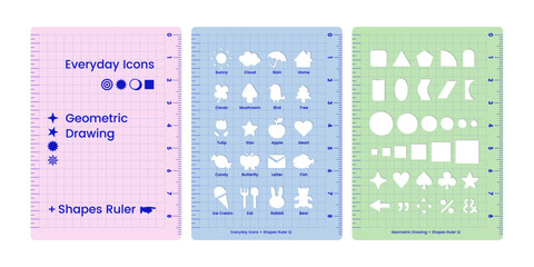 Geometric drawing shapes ruler Template stencils for Kids multi-function measuring supplies office study student flat icons grid gradation dashed line dotted line centimeter