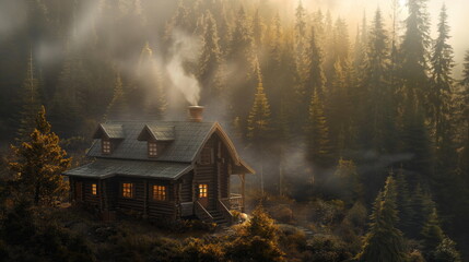 cozy cabin nestled in a forest clearing, smoke curling lazily from its chimney into the crisp air