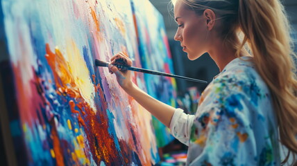 Focused artist adds vivid colors to an abstract canvas in a sunlit art studio - Powered by Adobe