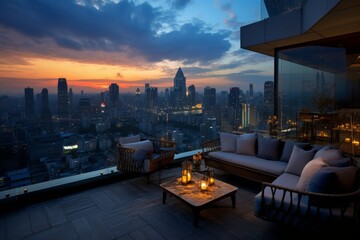 A Panoramic View from a Rooftop Lounge Overlooking the Bustling Cityscape at Dusk, Illuminated by...