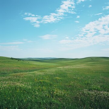 Vast green rolling hills under blue sky with clouds