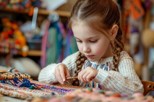 Close up portrait of a girl making crafts in a workshop, concept of children's leisure and hobby