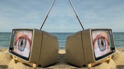 televisions with beautiful female eye on the screen next to the sea - 801262833