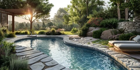 Modern Backyard Swimming Pool with Stone Patio and Landscaping - obrazy, fototapety, plakaty
