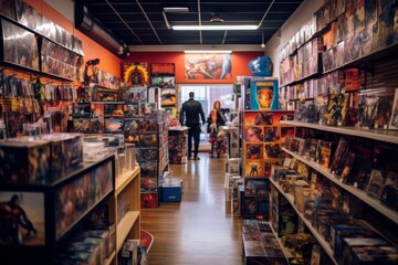 A Vibrant Pop Culture Merchandise Store Overflowing with Fan Favorites from Comics, Movies, and Video Games