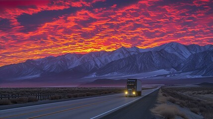 A semi truck drives through a mountain pass at sunset - obrazy, fototapety, plakaty