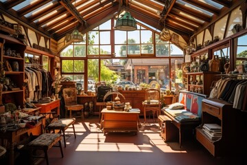 A Quaint Thrift Store on a Sunny Day, Showcasing an Array of Vintage Items, Clothing, and Antiques on Wooden Shelves and Racks