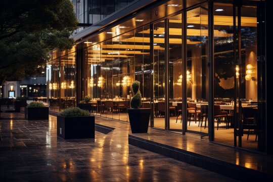 Elegant Upscale Restaurant with Valet Parking, Illuminated by Warm Evening Lights, Reflecting Sophistication and Luxury